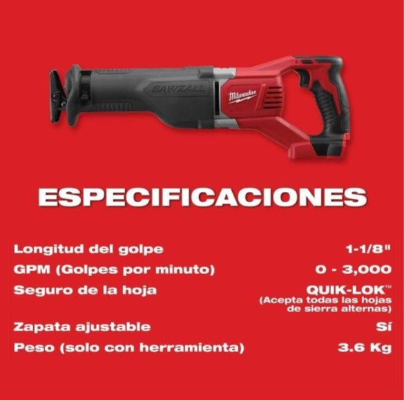 m18 sierra recíproca sawzall inalámbrica de 18v (solo herramienta)