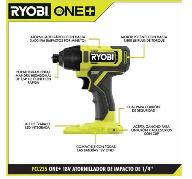 Atornillador de impacto de 1/4" con bateria de 1.5ah y cargador one+ 18v
