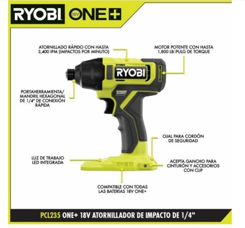 Atornillador de impacto de 1/4" con bateria de 1.5ah y cargador one+ 18v