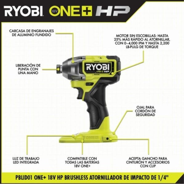 Atornillador de impacto de 1/4" one+ 18v hp brushless (solo herramienta)