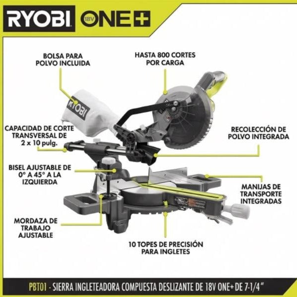 Sierra de inglete deslizante compuesta inalámbrica de 7-1/4 in + PILA one+ 18v + CARGADOR