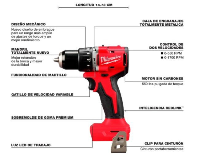 Combo sin carbones Rotomartillo 1/2" + llave de impacto 1/4" m18