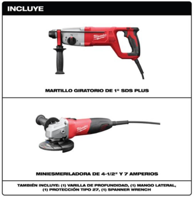 Combo de Rotomartillo SDS plus 1 pulgada y Esmeriladora 4 1/2" milwaukee