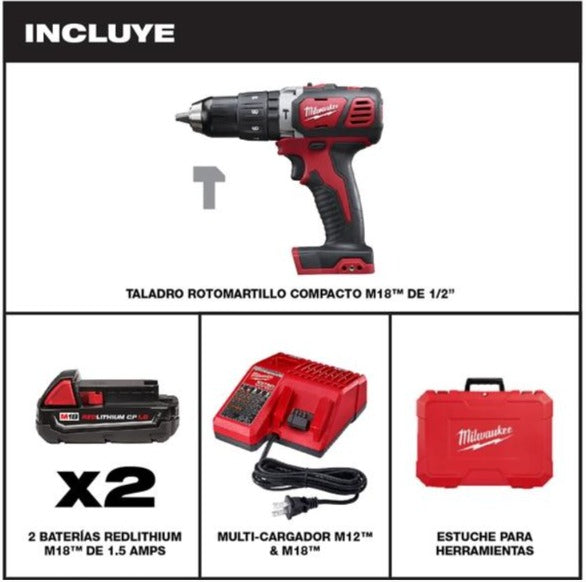 Taladro percutor inalámbrico milwaukee m18 de 1/2 de pulgada. incluye baterías y cargador