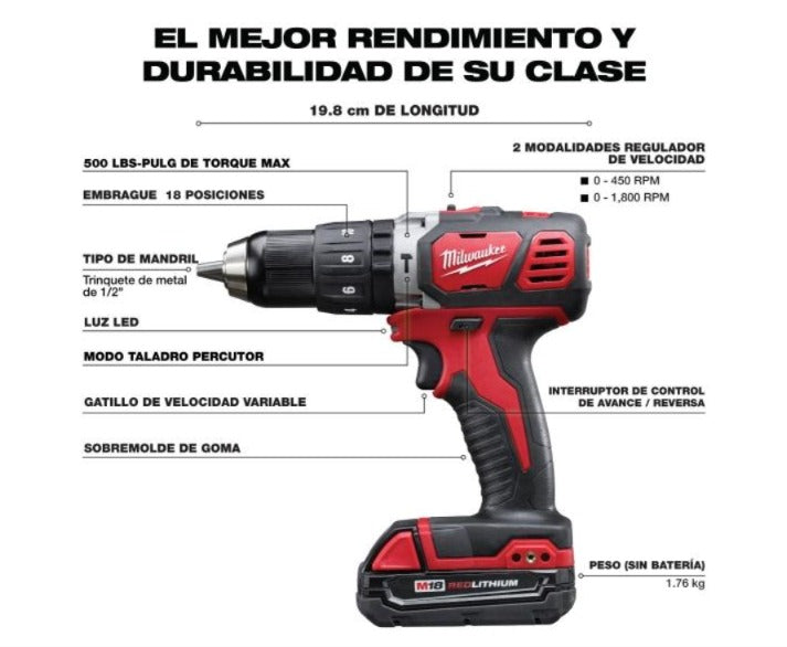 Taladro percutor inalámbrico milwaukee m18 de 1/2 de pulgada. incluye baterías y cargador
