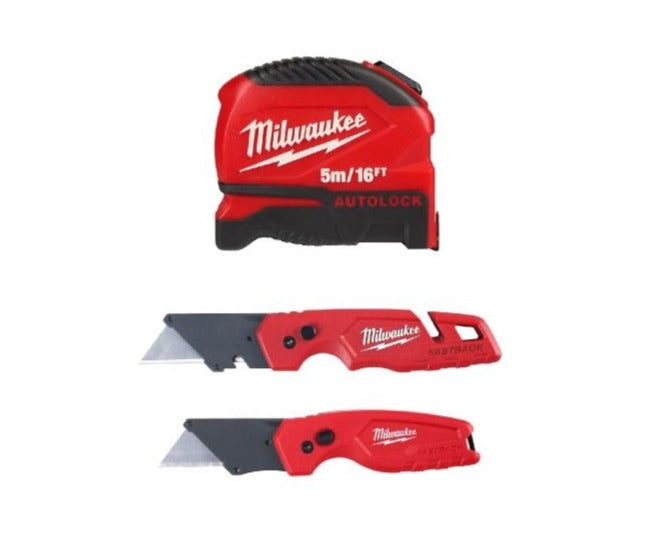 combo flexometro autolock 5m/16' y juego de 2 navajas plegables fastback