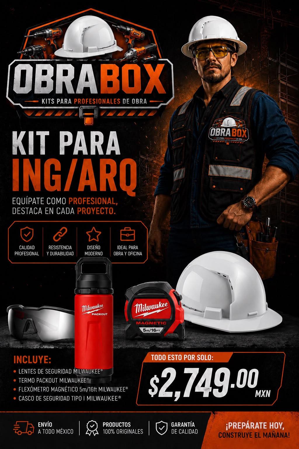 KIT CONSTRUCTOR PROFESIONAL (INCLUYE: * LENTES DE SEGURIDAD MILWAUKEE® * TERMO PACKOUT MILWAUKEE® * FLEXÓMETRO MAGNÉTICO 5m/16ft MILWAUKEE® * CASCO DE SEGURIDAD TIPO I MILWAUKEE®